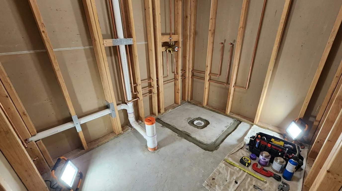 Bathroom rough-in plumbing during remodel by Johns Plumbing LLC in Bradford